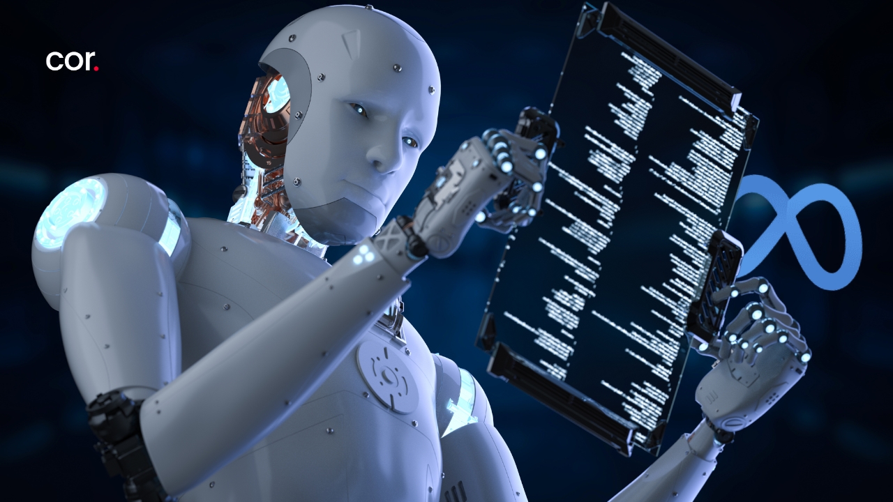 AI vs Creative Marketing – a robot analyzing ad data with Meta logo, symbolizing AI automation in advertising