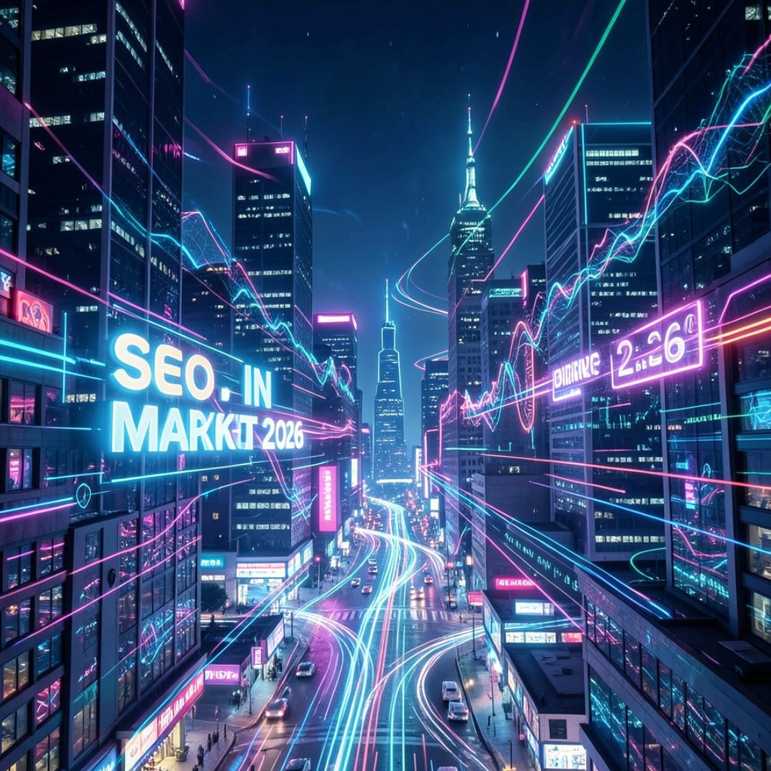 Futuristic city skyline at night with neon data lines flowing through streets and buildings, symbolizing SEO trends, digital marketing growth, and data-driven search strategies in 2026.