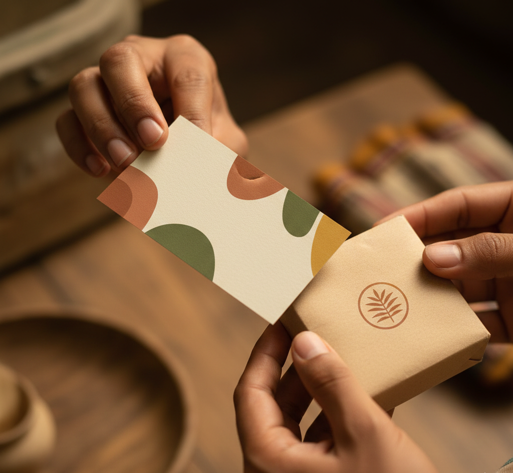 A professional, close-up photograph focusing on a pair of hands holding a premium, textured business card and a small kraft paper package. The business card features a modern, minimalist design with abstract shapes in terracotta, forest green, and mustard yellow. The small box is sealed with a simple circular leaf emblem. The background is softly blurred, showing warm wooden textures and earthen pottery, emphasizing a sense of high-quality craftsmanship and tactile human connection